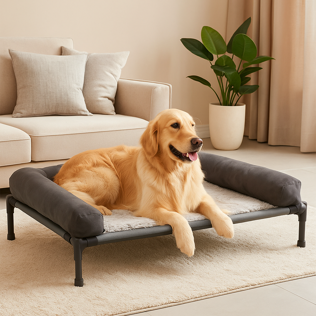 Golden retriever blanc couché sur son canapé de couleur noir avec en fond un canapé gris et une plante verte. Image produit Boutiquechien