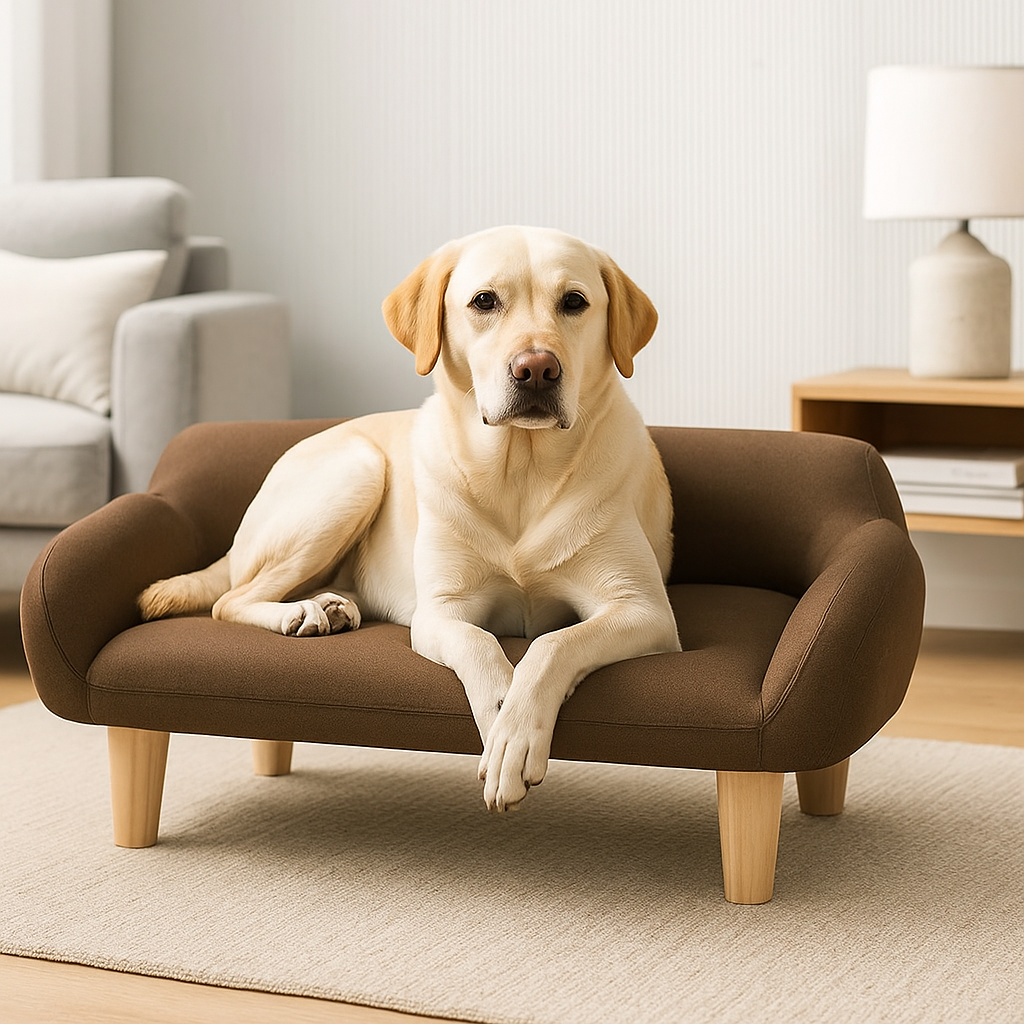 golden retriever de couleur blanc couché sur un canapé pour chien design de couleur brun. En fond il y a un canapé gris et une table basse blanche. Image produit Boutiquechien
