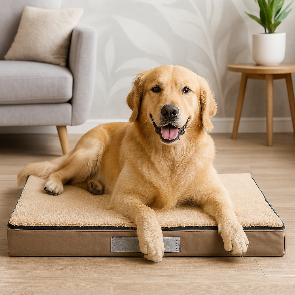 Golden retriever de couleur blanc couché sur un tapis de couleur beige. Le chien est couché dans un salon de couleur claire avec en fond un canapé gris et une plante verte. Image produit Boutiquechien