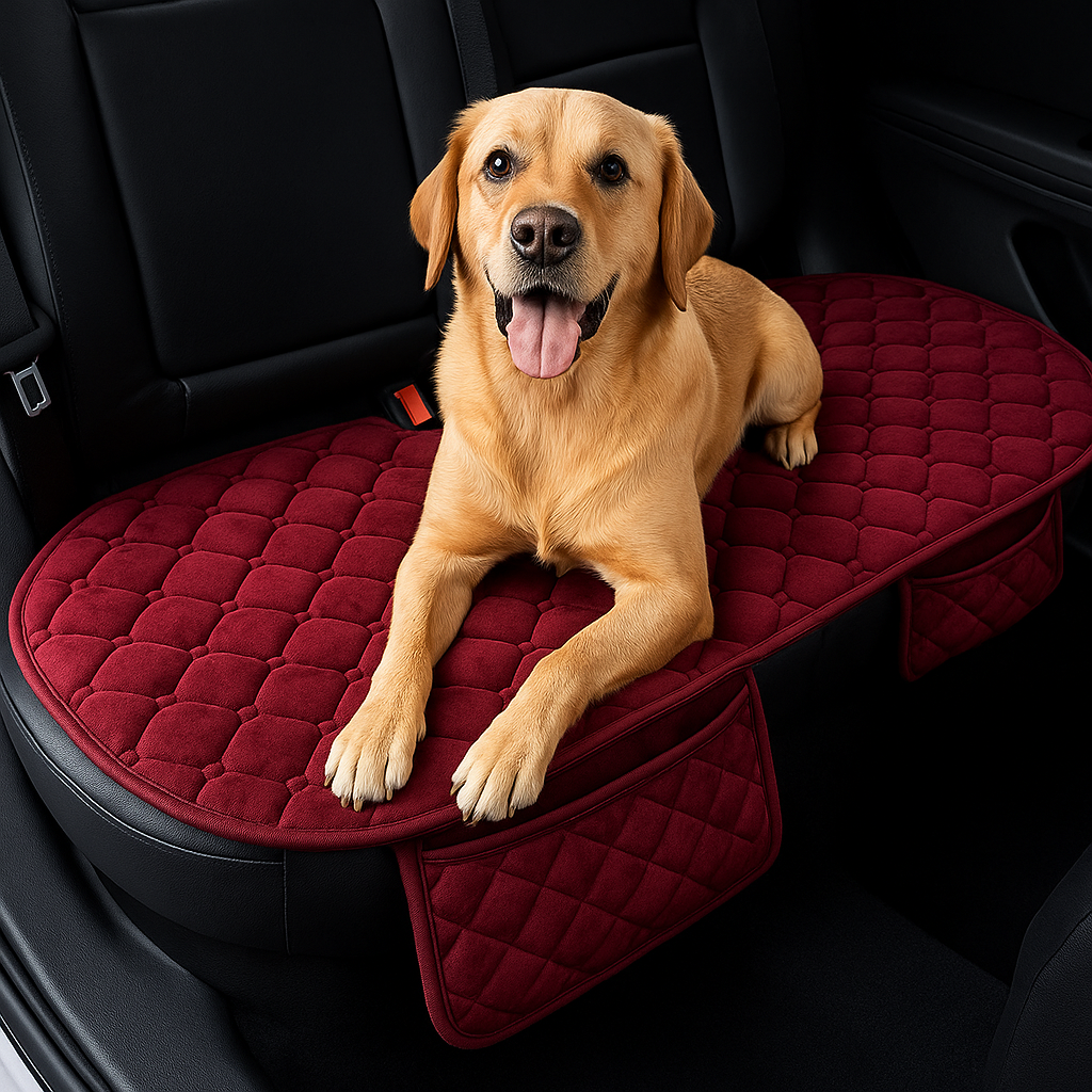 golden retriever de couleur brun couché sur un tapis de protection de couleur rouge avec pochette de rangement. Le tapis pour chien est posé sur le siège arrière d'une voiture de couleur noir. Image produit Boutiquechien