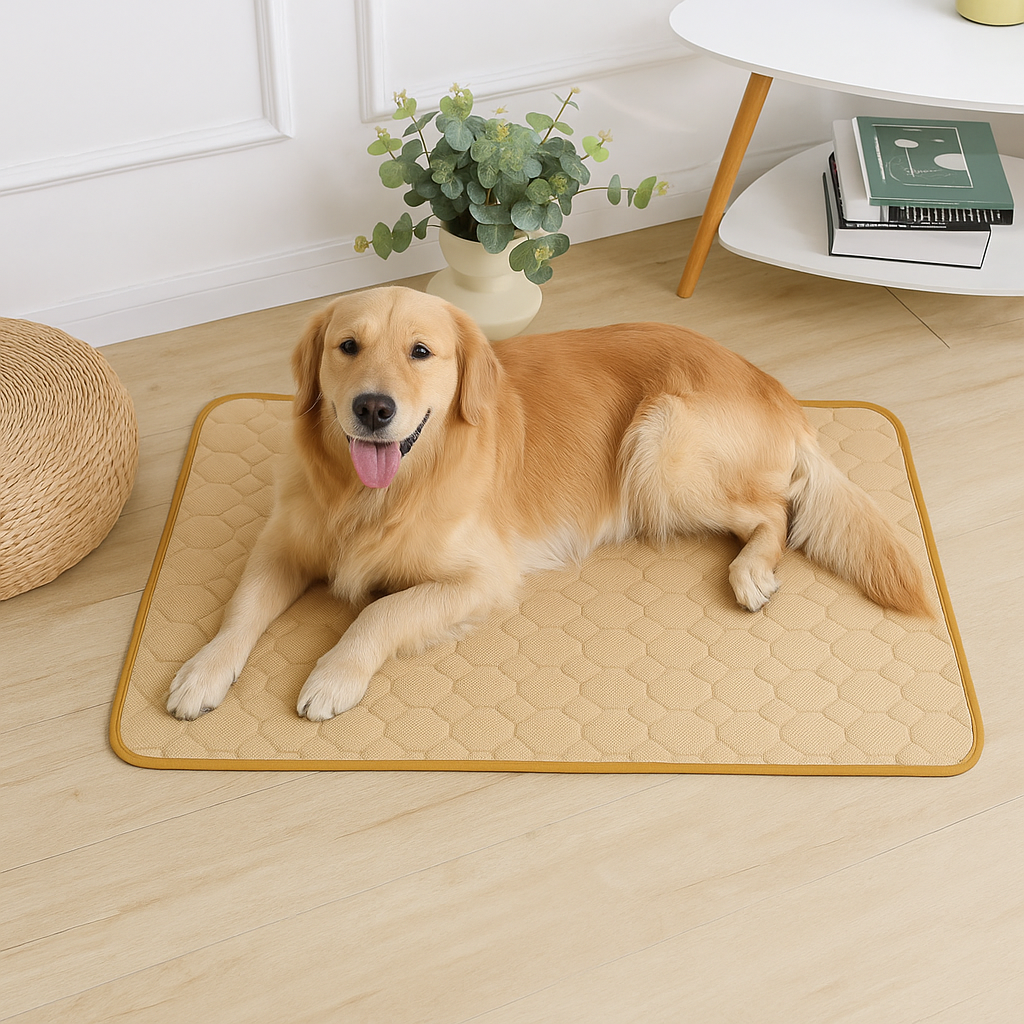 Golden retriever de couleur burn claire couché sur un tapis de couleur beige. Le tapis est près d'une plante vert et d'une petite table en bois. Image produit Boutiquechien