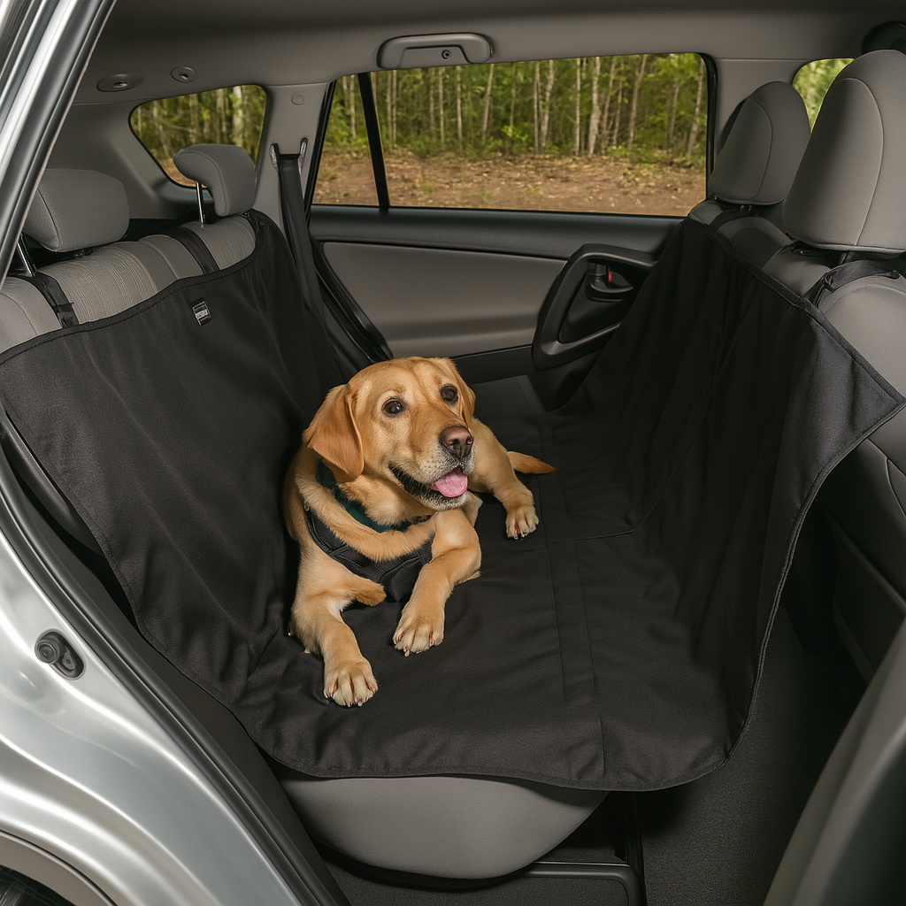 Gros chien couché sur la protection de siège de couleur noir dans une voiture à l'intérieur gris. La protection est maintenu par les appuies tête de la voiture. Image produit Boutiquechien