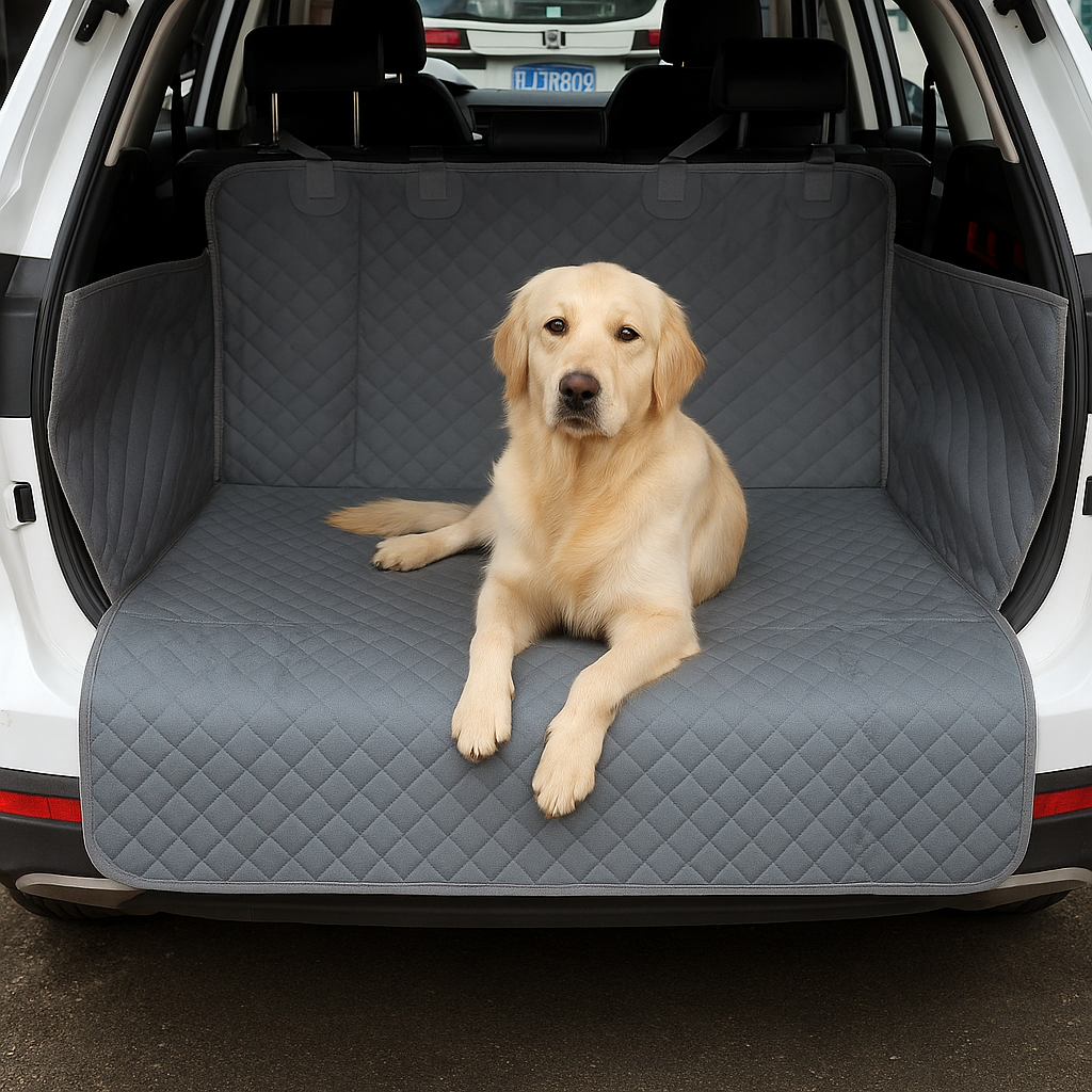 golden retriever de couleur blanc couché dans une coffre de voiture d'une voiture blanche. La protection de coffre est de couleur grise. Image produit Boutiquechien