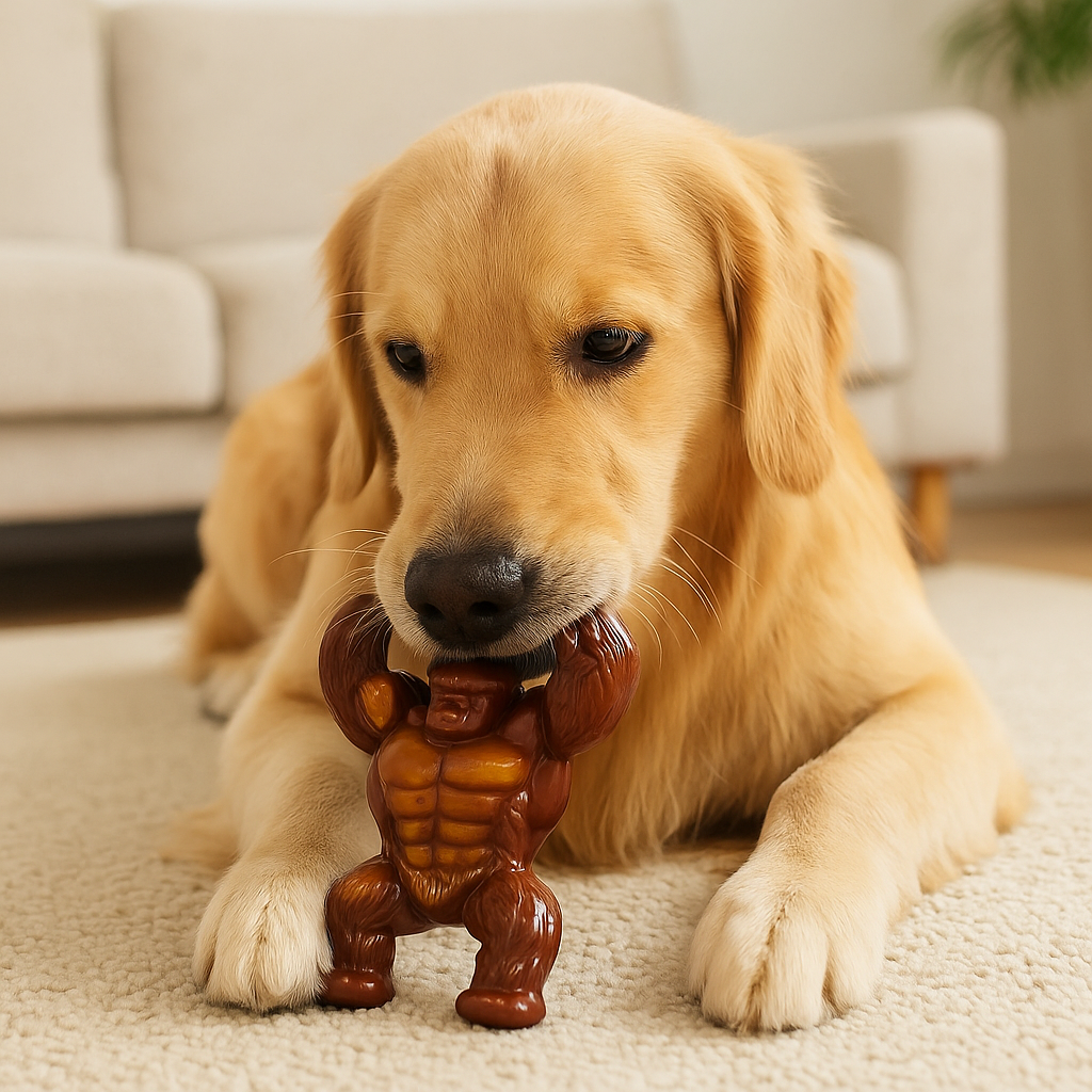 Golden retriever de couleur blanc dans uns salon de couleur claire avec en fond un canapé blanc. Le chien est couché sur le tapis blanc et joue avec son gorille résistant. Image produit Boutiquechien