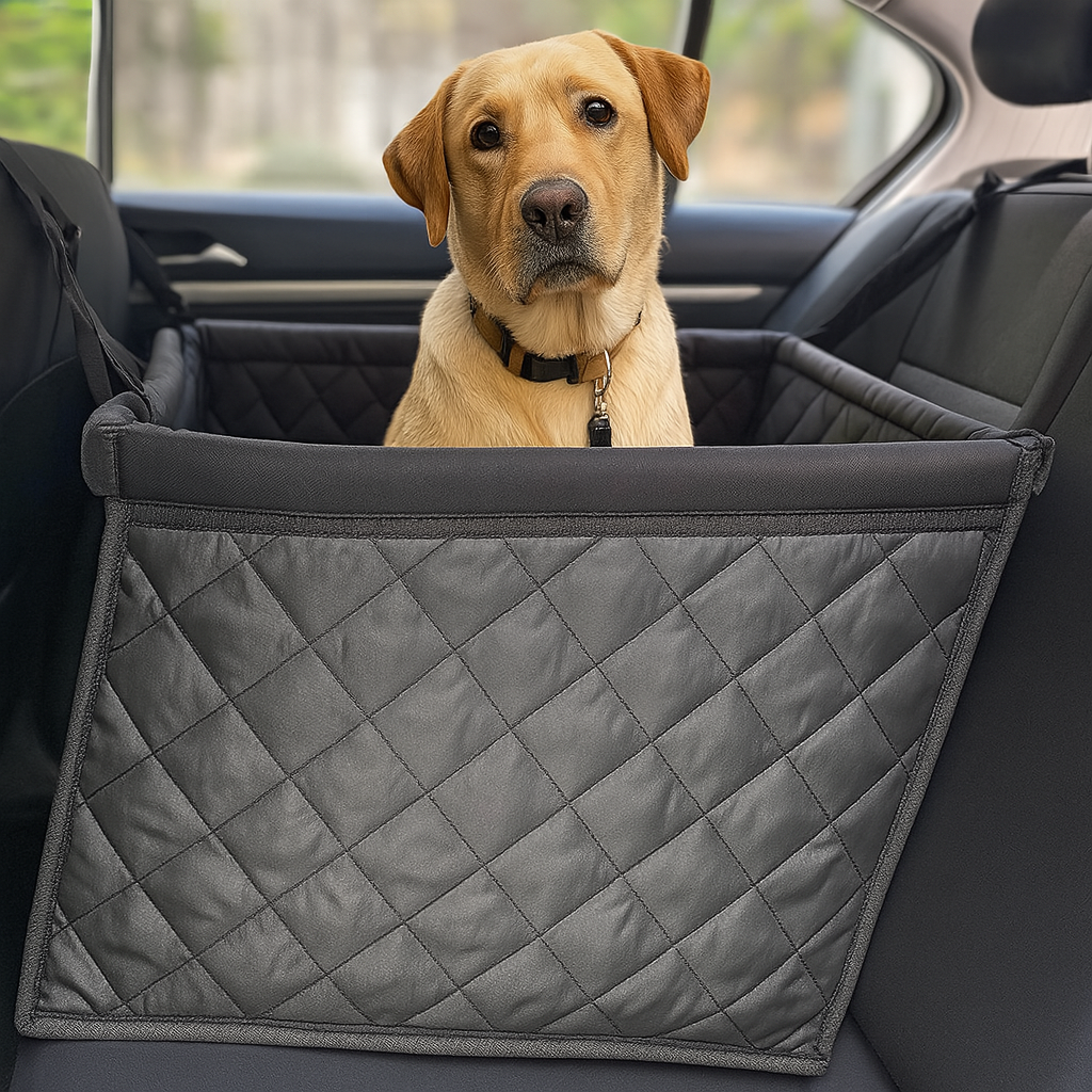golden retriever de couleur blanc dans une protection de siege de couleur noir en forme de parc dans une voiture. Image produit Boutiquechien