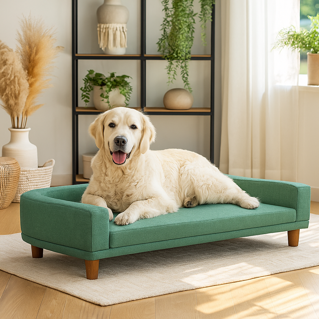 golden retriever de couleur blanc couché sur un canapé chien de couleur vert avec en fond des plantes verte. Image produit Boutiquechien