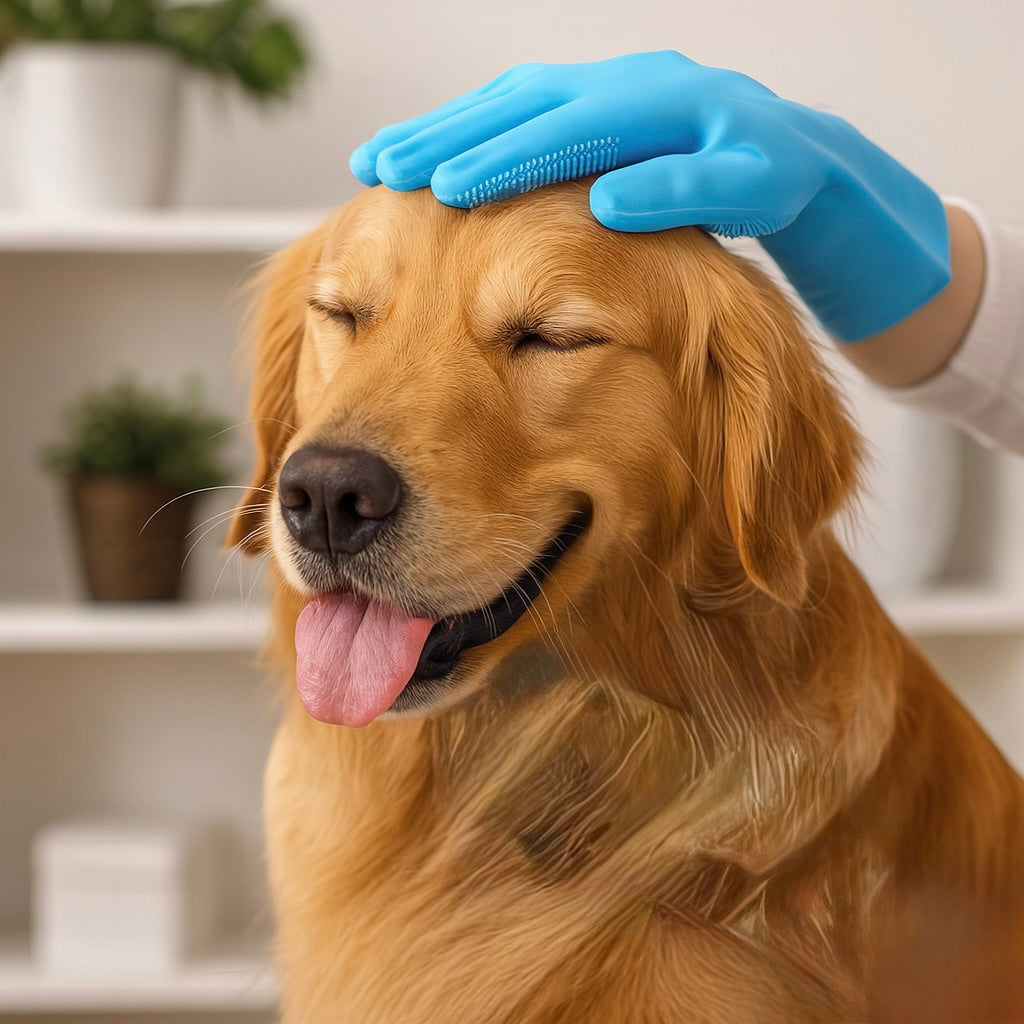 golden retriever de couleur brun se faisant frotté par un gant brosse de couleur bleu. En fond il y a un meuble blanc avec pleins de plante verte. Image produit Boutiquechien