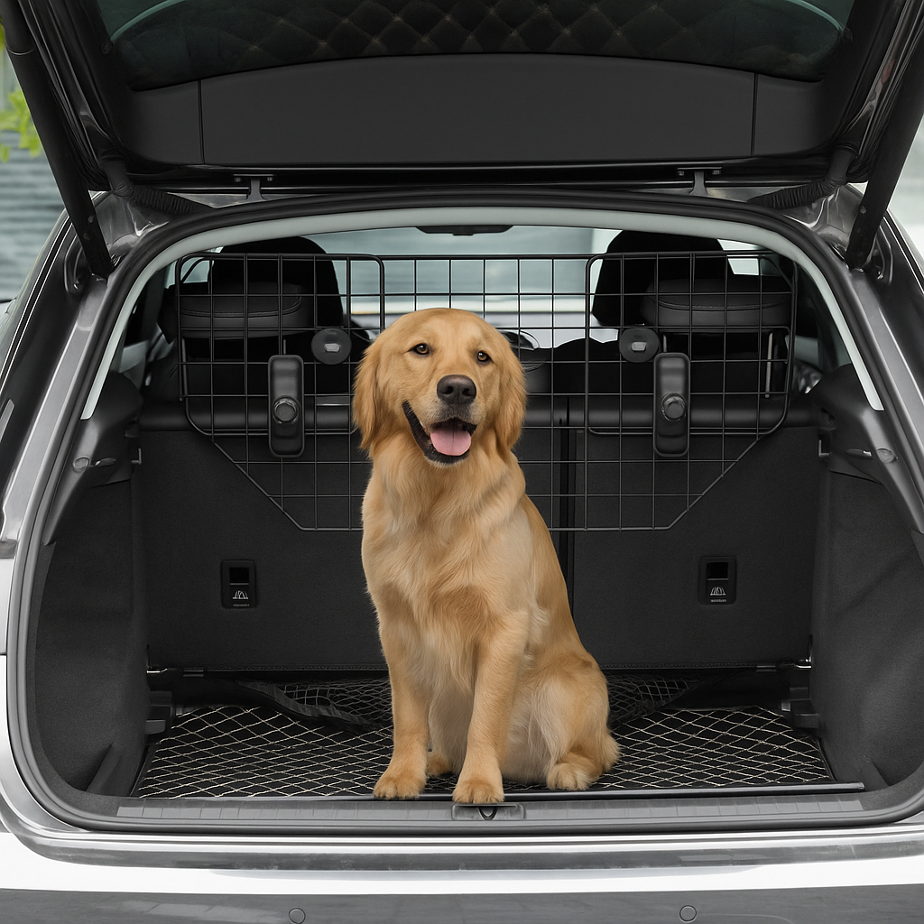 golden retriever de couleur burn assis dans le coffre d'une voiture. En fond il y a des sièges noirs et et une grille de protection de couleur noir durable. Image produit Boutiquechien