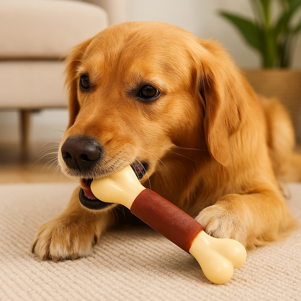 golden de couleur brun mâchouillant son os en caoutchouc resistant. Image produit Boutiquechien