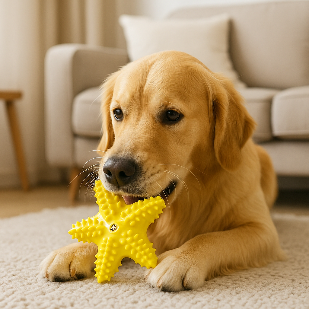 Golden retriever de couleur brun couché sur un tapis de couleur blanc, en fond il y a un canaoé de couleur gris. Le chien joue avec ne étoile de couleur jaune indestructible de boutiquechien