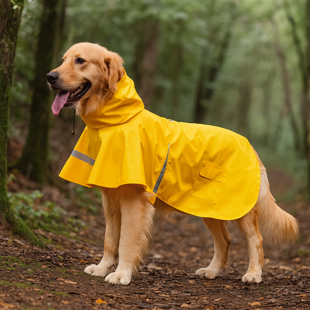 gros chien de couleur claire portant un imper de couleur jaune avec des bandes grises dans un bois. Image produit Boutiquechien