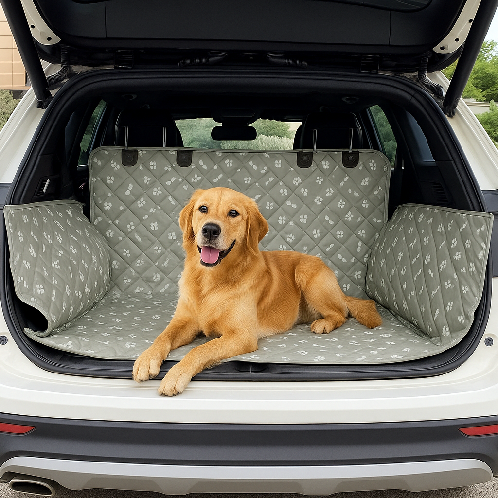 golden retriever de couleur roux couche dans un coffre de voiture possédant à l'intérieur une protection de coffre de couleur grise avec des formes de couleurs blanches. La protection est dans la voiture de couleur blanche. Image produit Boutiquechien