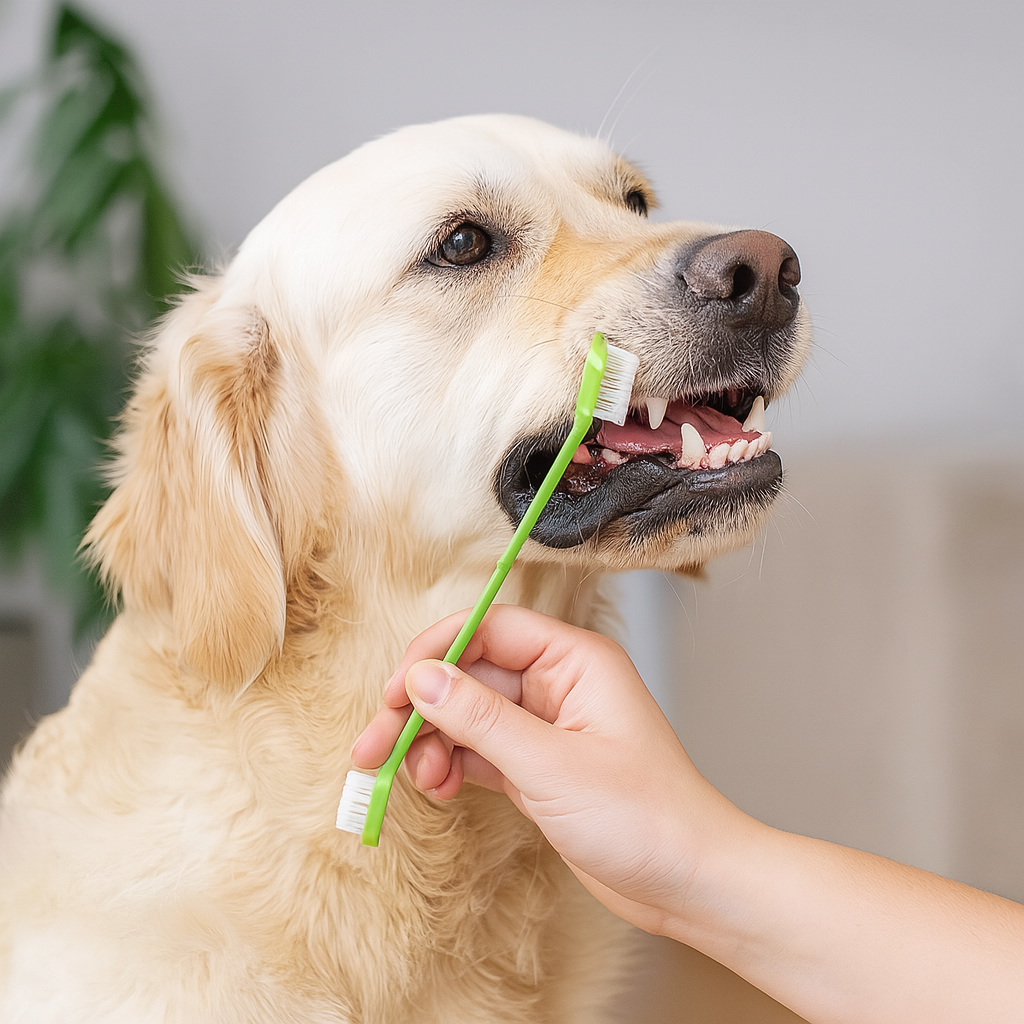 golden retriever de couleur blanc se faisant brosser les dents par une brosse à dents de couleur verte. Le chien est assis dans un espace de couleur claire avec en fond une plante verte. Image produit Boutiquechien