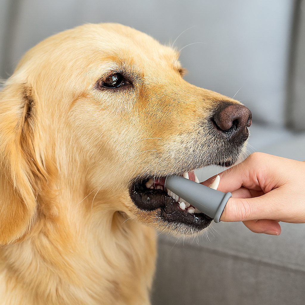 golden retriever de couleur roux assis se faisant brosser les dents par une brosse à dent en forme de doigt en caoutchouc de couleur gris. Image produit Boutiquechien