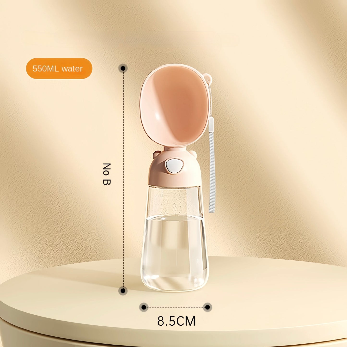 gourde d'eau pour chien de couleur abricot avec une capacité de 550 ml d'eau. le produit possède des dimensions du produit. Image produit Boutiquechien