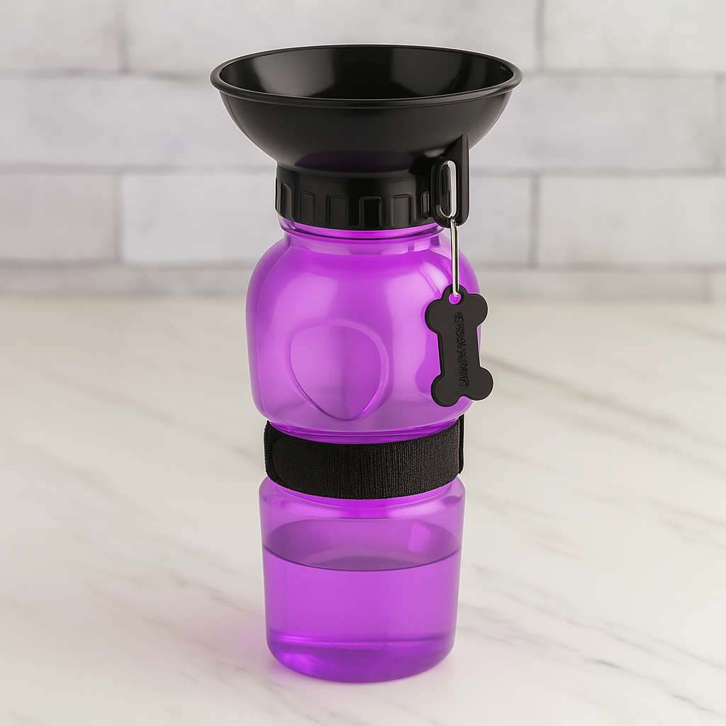gourde d'eau de couleur violet et noir posé dans un fond de couleur claire. Image produit Boutiquechien