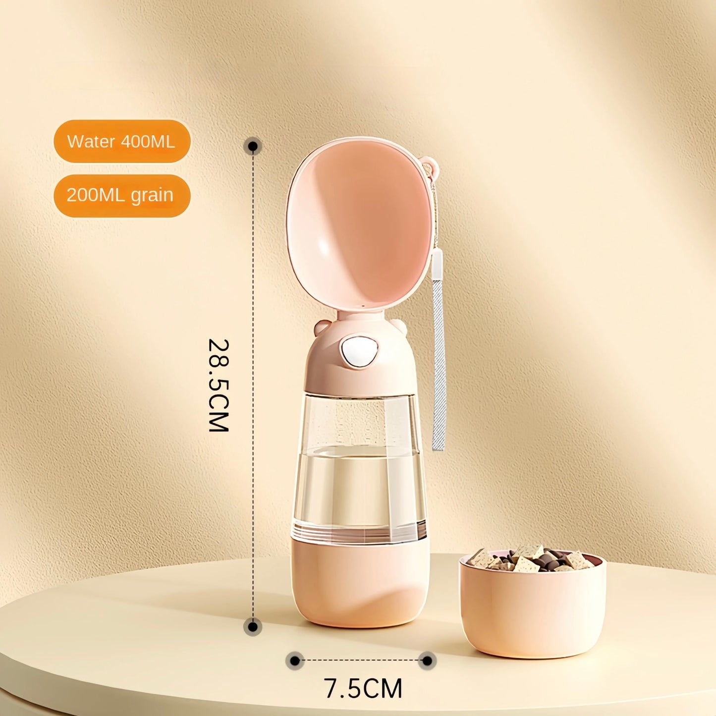 gourde d'eau et friandises pour chien de couleur abricot avec une capacité de 400 ml d'eau et 200ml de friandises. le produit possède des dimensions du produit. Image produit Boutiquechien