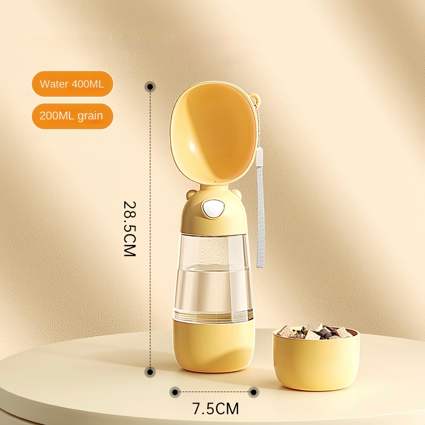 gourde d'eau et friandises pour chien de couleur jaune avec une capacité de 400 ml d'eau et 200ml de friandises. le produit possède des dimensions du produit. Image produit Boutiquechien