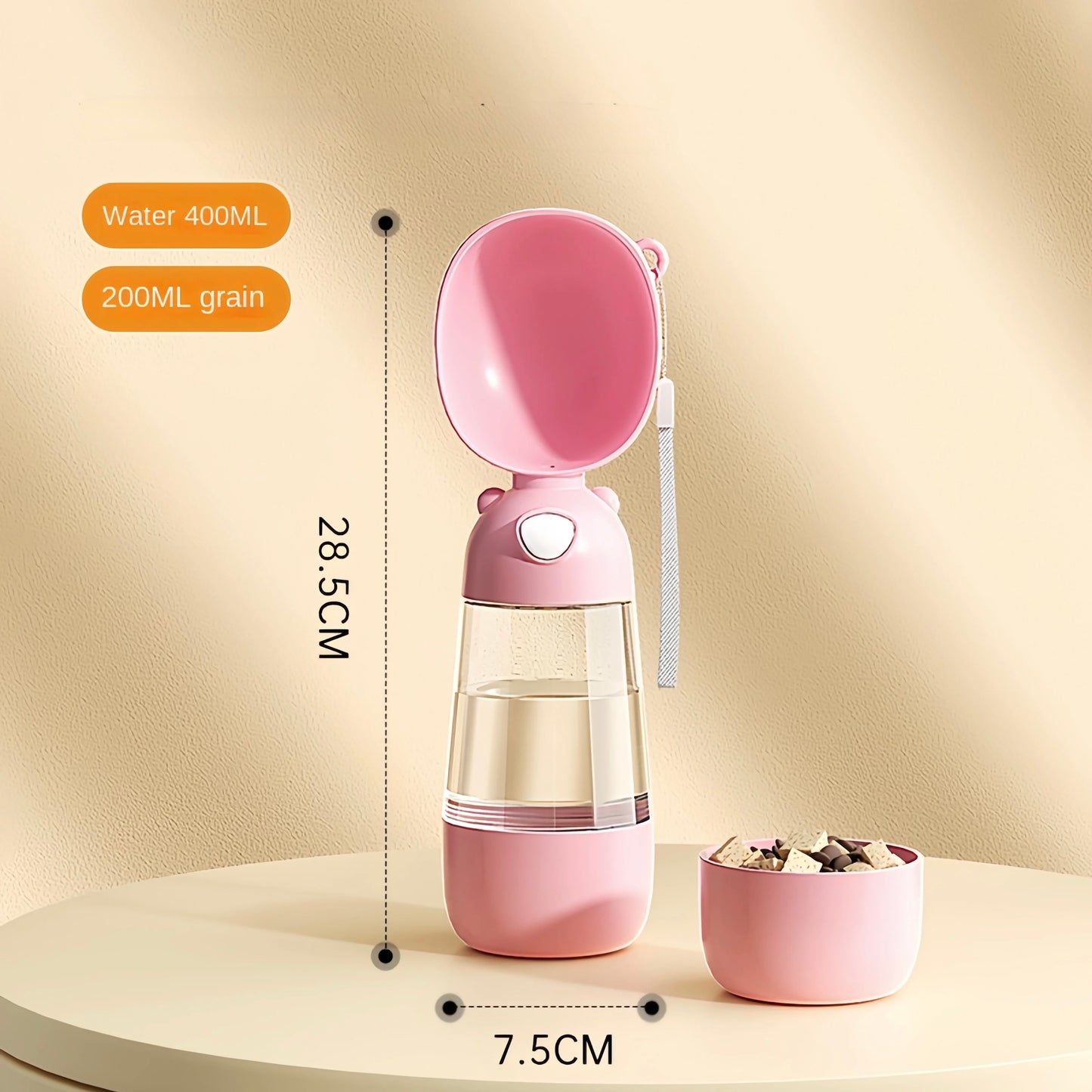 gourde d'eau et friandises pour chien de couleur rose avec une capacité de 400 ml d'eau et 200ml de friandises. le produit possède des dimensions du produit. Image produit Boutiquechien