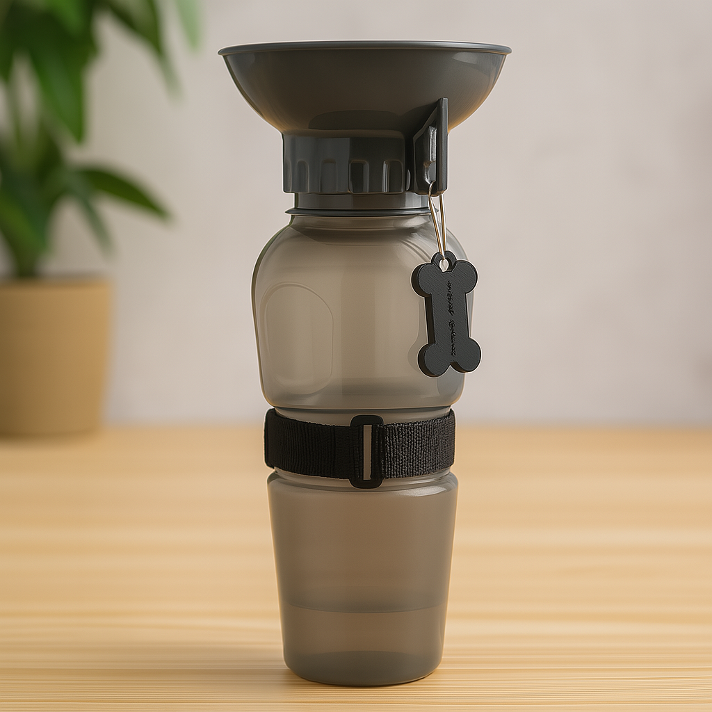 gourde pour chien de couleur noir posé sur une table de couleur beige avec en fond une plante verte. Image produit Boutiquechien
