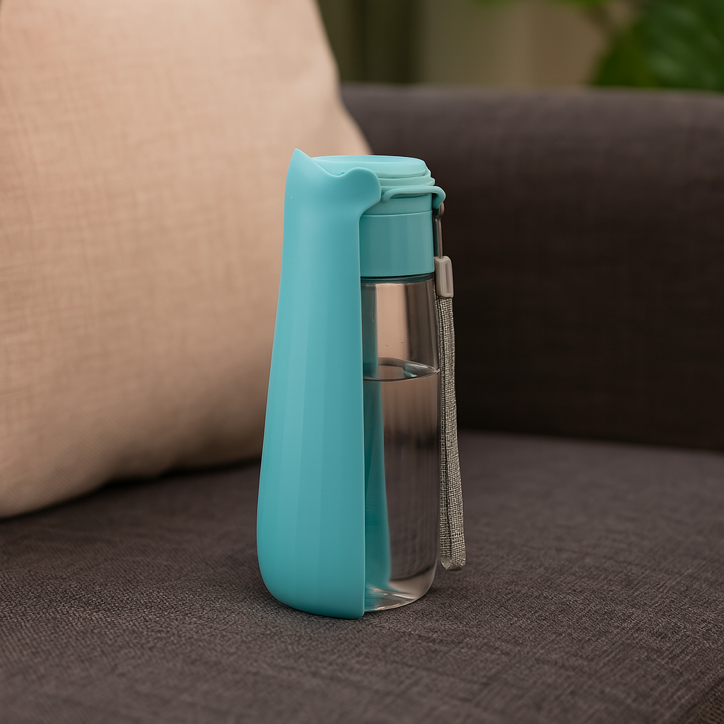 gourde pour chien de couleur Bleu avec une lanière grise pour tenir le produit. La gourde chien est posé sur un canapé de couleur gris foncé avec un oreiller beige. Image produit Boutiquechien