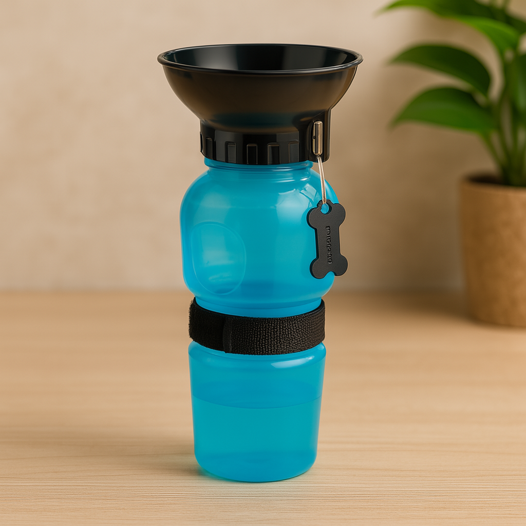 gourde d'eau pour chien de couleur noir et bleu posé sur une table en bois. En fond il y a une plante verte. Image produit Boutiquechien