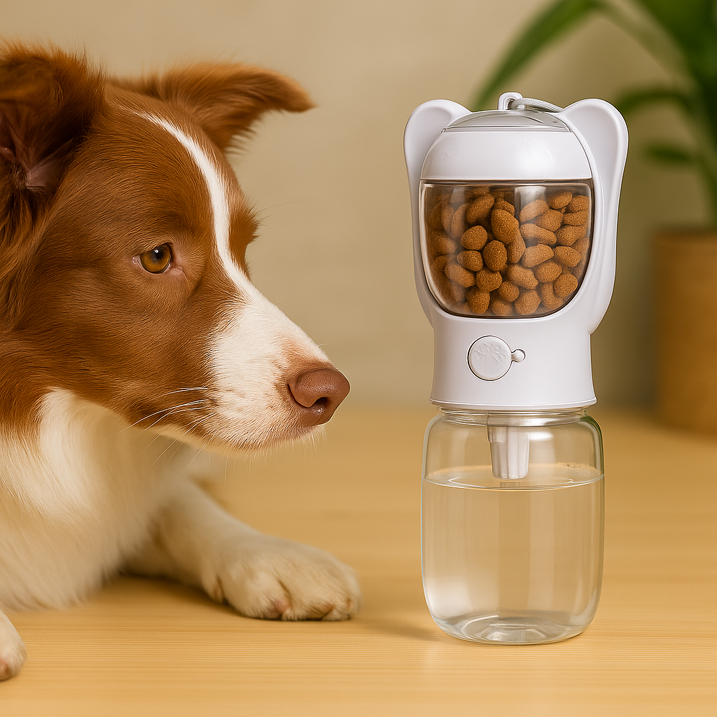gourde pour chien de couleur blanche avec un compartiment de friandise et d'eau mis en valeur avec un chien brun et blanc. Image produit Boutiquechien