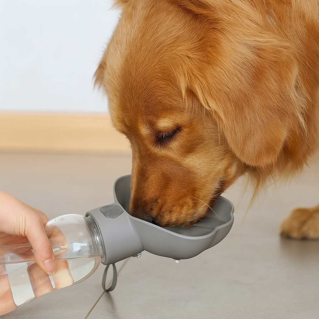 golden retriever de couleur roux buvant dans la gourde pour chien de couleur grise en forme de patte. Image produit Boutiquechien