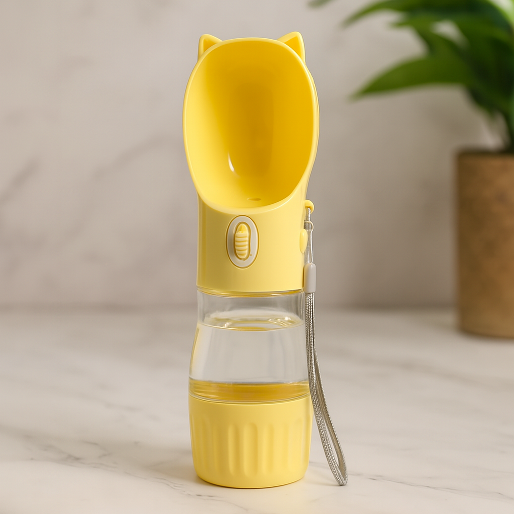 gourde d'eau et de friandise pour chien de couleur jaune. Le produit est mis en valeur en valeur avec en fond une plante verte. Image produit Boutiquechien