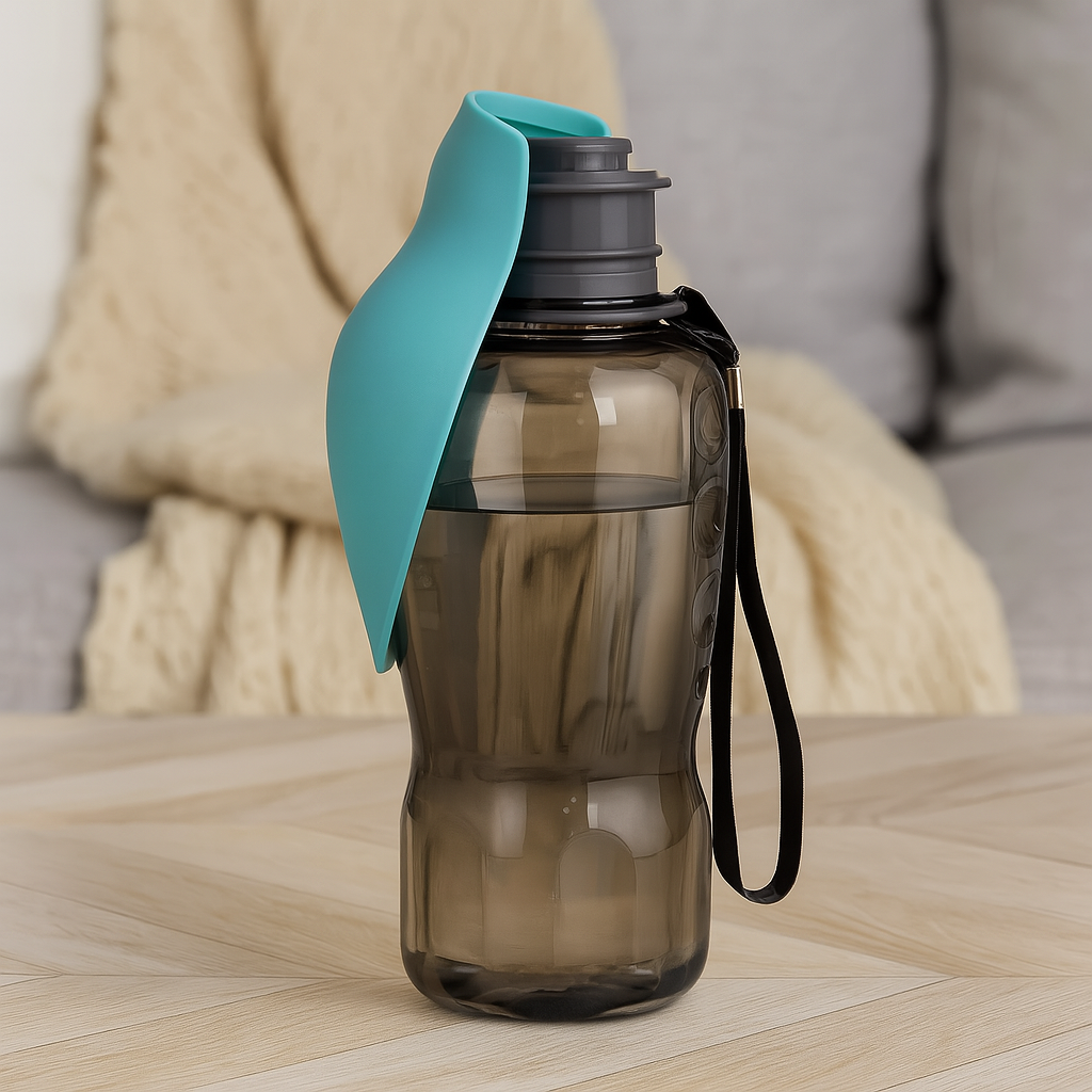 gourde à eau de couleur verte et noir posé sur une table en bois. En fond il y a une couverture beige sur un canapé de couleur gris. Image produit Boutiquechien
