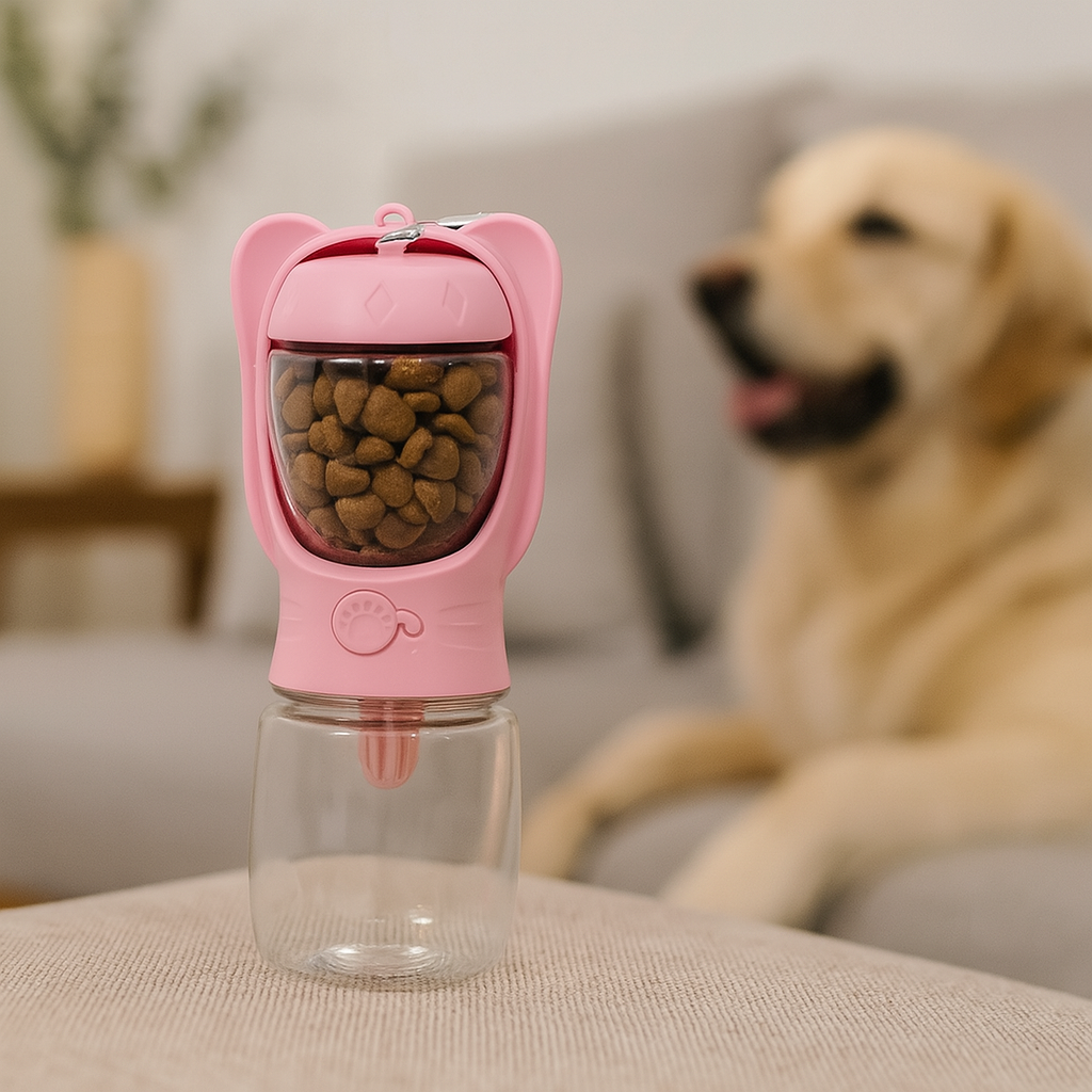 gourde pour chien transportable de couleur rose avec un compartiment d'eau et de friandise. en fond il y a un grande chien de couleur blanc sur un canapé de couleur gris. Image produit Boutiquechien