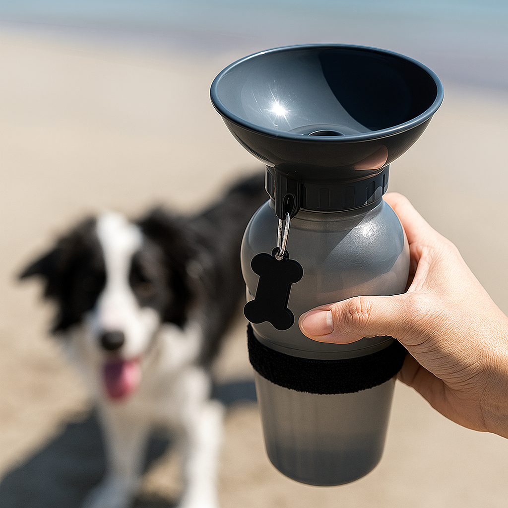 gourde d'eau pour chien de couleur noir avec en fond un chine de couleur noir et blanc regardant la gourde d'eau. Image produit Boutiquechien