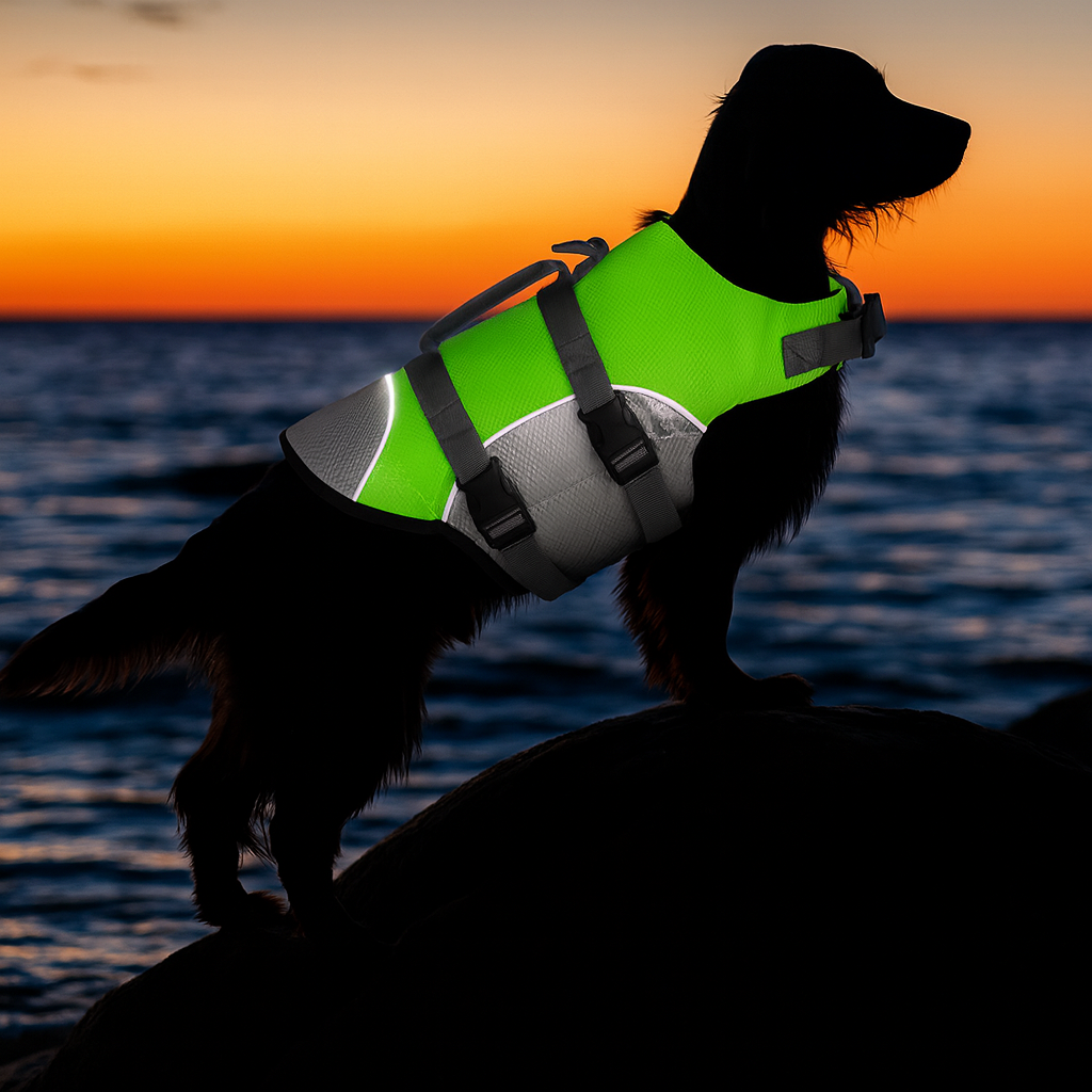 Grand chien portant le harnais de sauvetage de couleur vert et gris. Le chien est sous un couché de soleil orange avec derrière lui la mer. Image produit Boutiquechien