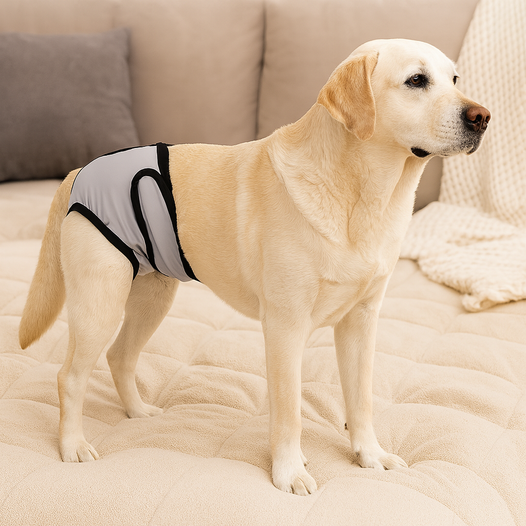 Grand chien de couleur blanc portant une culotte pour chien menstruelle de couleur gris. Le chien est debout sur un canapé blanc. Image produit Boutiquechien