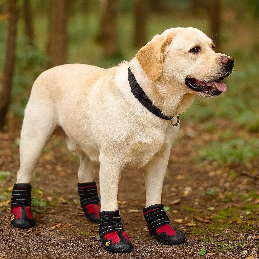 Grand chien de couleur blanc portant un collier noir et des bottes pour chiens de couleurs noir et rouge. Le chien est debout dans une forêt sur un chemin de terre. Image produit Boutiquechien