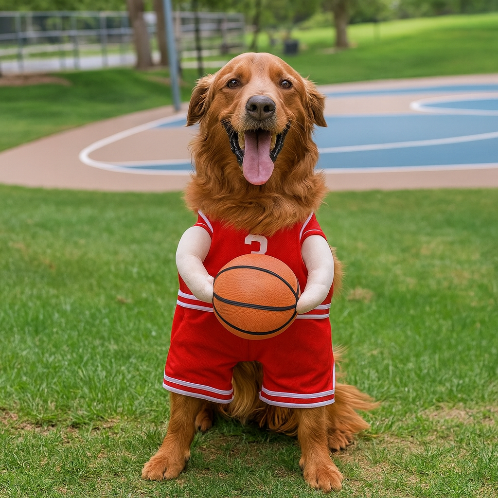 Grand chien de couleur brun portant un déguisement de basketteur de couleur rouge tenant un ballon de basket de couleur brun. Le chien est dans l'herbe près d'un terrain de basket. Image produit boutiquechien