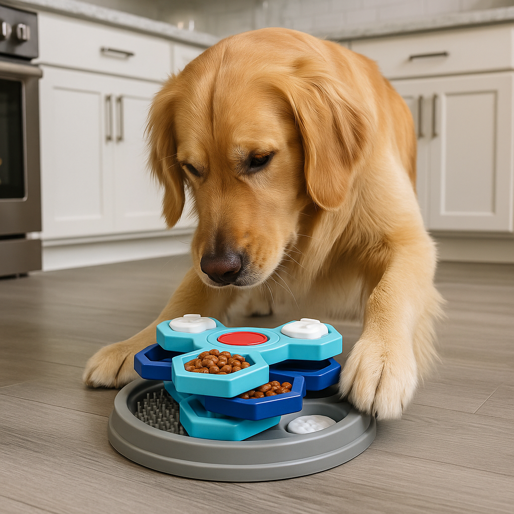 Grand chien de couleur claire jouant avec sa gamelle puzzle trois étage de couleur bleu claire et foncé dans une cuisine de couleur claire. Image produit Boutiquechien