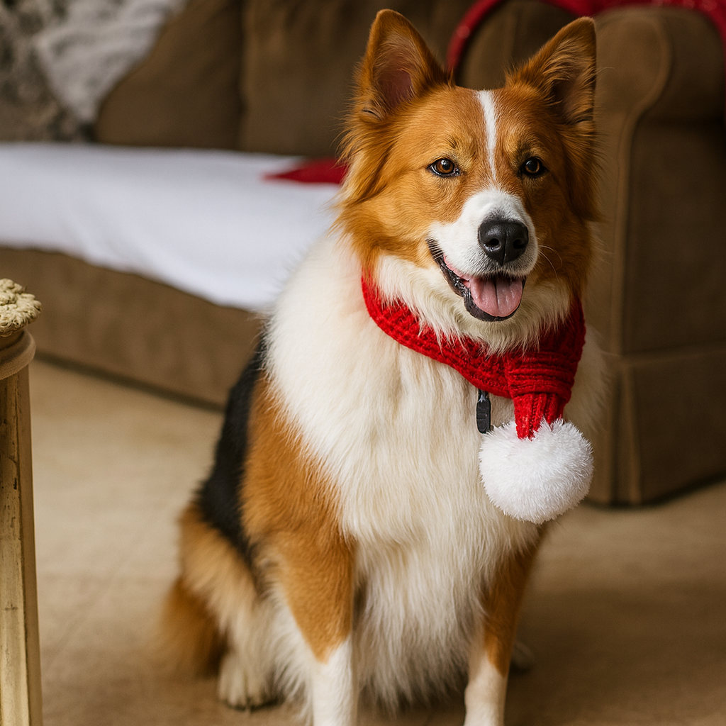 Grand chien de couleur brun et blanc portant une écharpe pour chien de couleur rouge avec un pompon blanc. En fond il y a un canapé de couleur brun. Image produit Boutiquechien