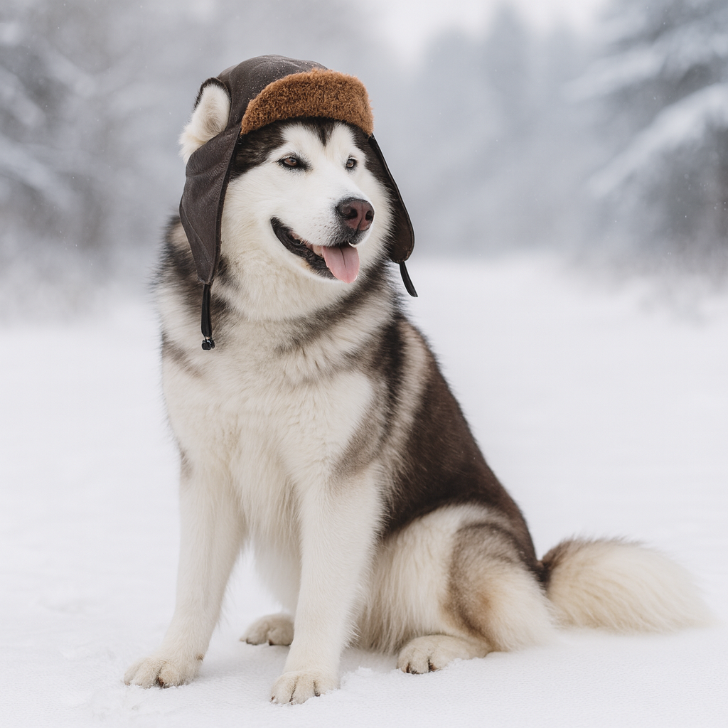 GRand chien de couleur noir et blanc portant un chapeau d'hiver de couleur brun. Le chien est assis dans une neige blanche avec des arbres blancs. Image produit Boutiquechien