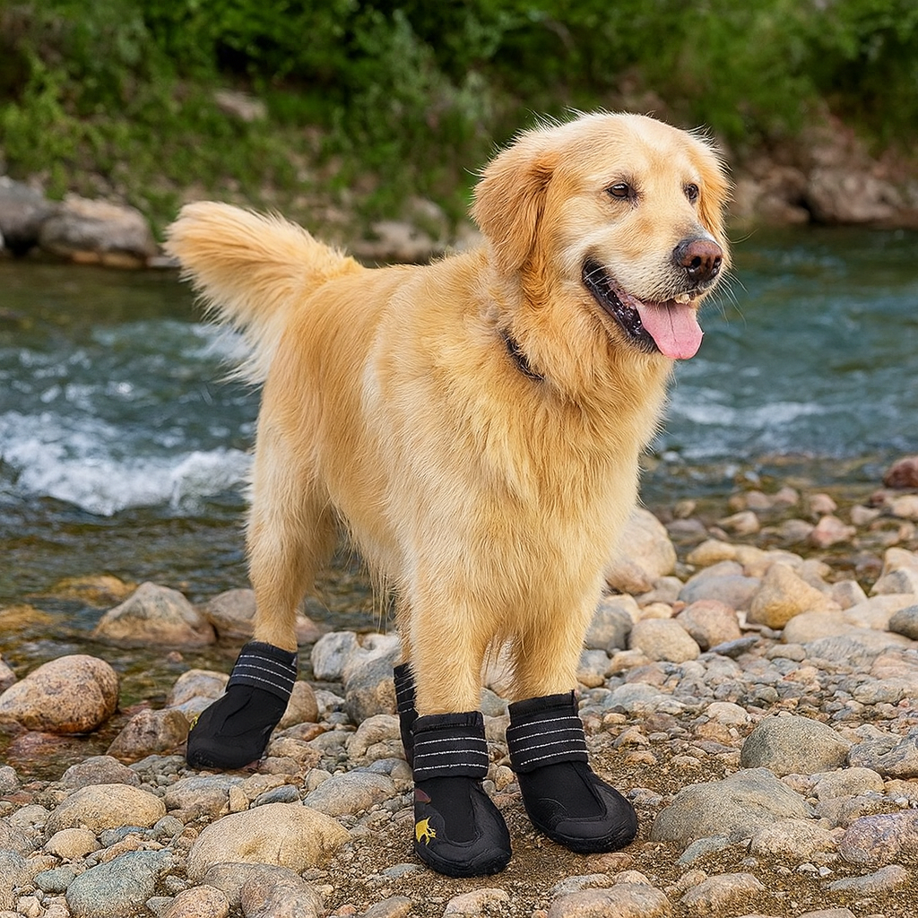 Grand chien de couleur blanc portant des chaussures pour chiens de couleur noir près d'une rivière. Image produit Boutiquechien