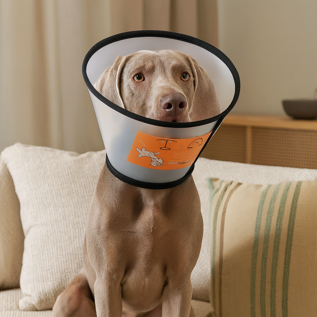 Collerette pour chien transparente et noir avec un chien de couleur gris le portant. le chien est assis sur un canapé de couleur claire. Image produit Boutiquechien