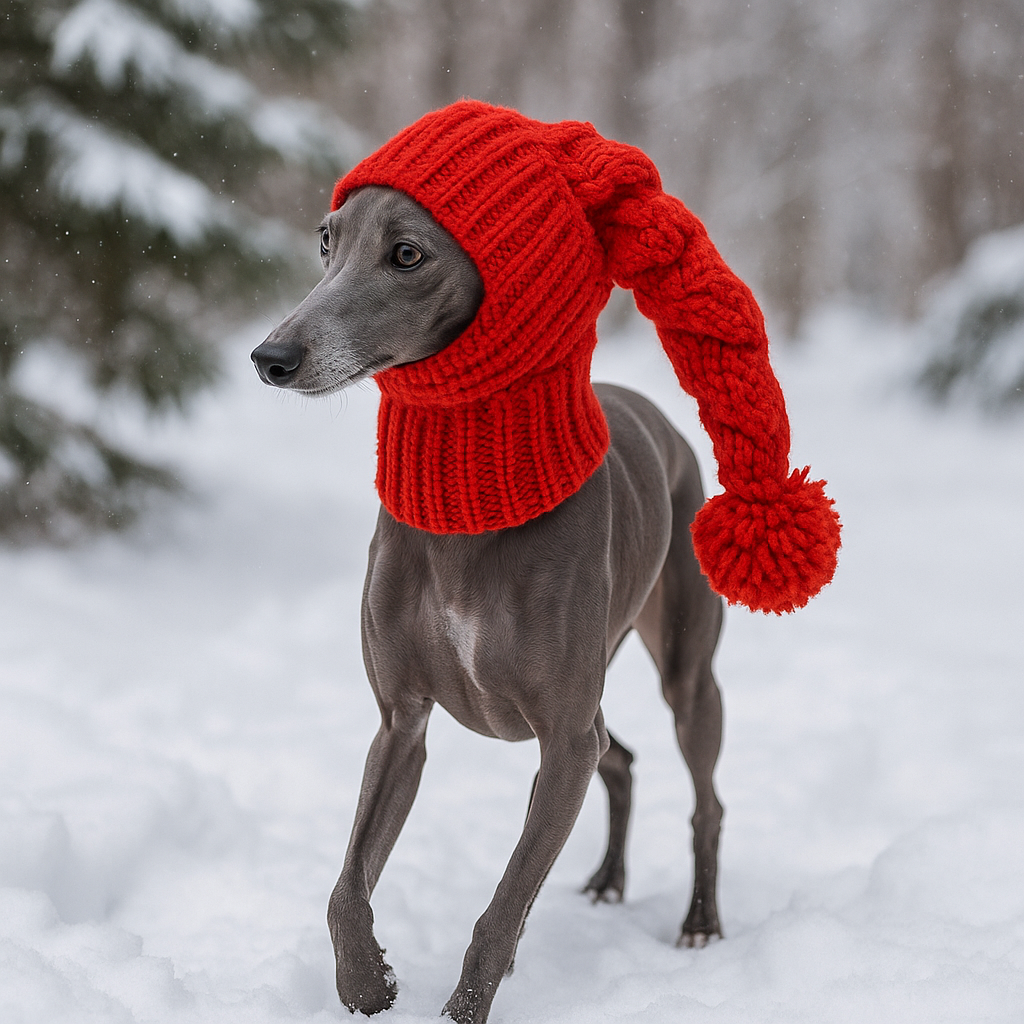 Grand chien gris portant une cagoule bonnet pour chien intégral de couleur rouge. Le chien court dans la neige blanche avec des sapins autour. Image produit boutiquechien