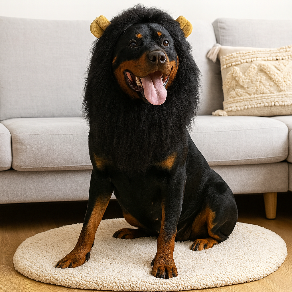 Grand chien de couleur noir portant une perruque en forme de crinière de lion de couleur noir de boutiquechien. En fond il y a un canapé pour chien gris de boutiquechien