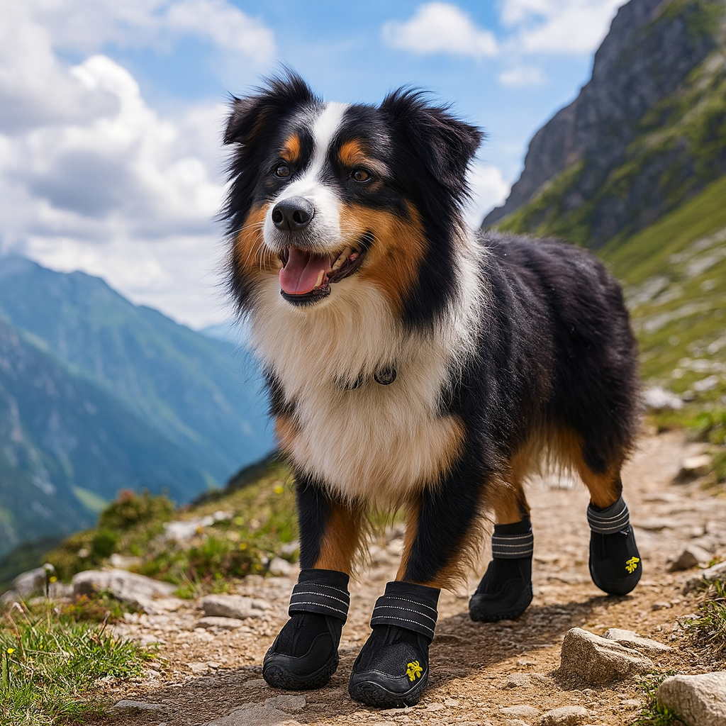 Grand chien de couleur noir et blanc dans les montagnes vertes sur un chemin en pierre. Le chien portes des chaussures résistante pour chiens de couleurs noir. Image produit Boutiquechien