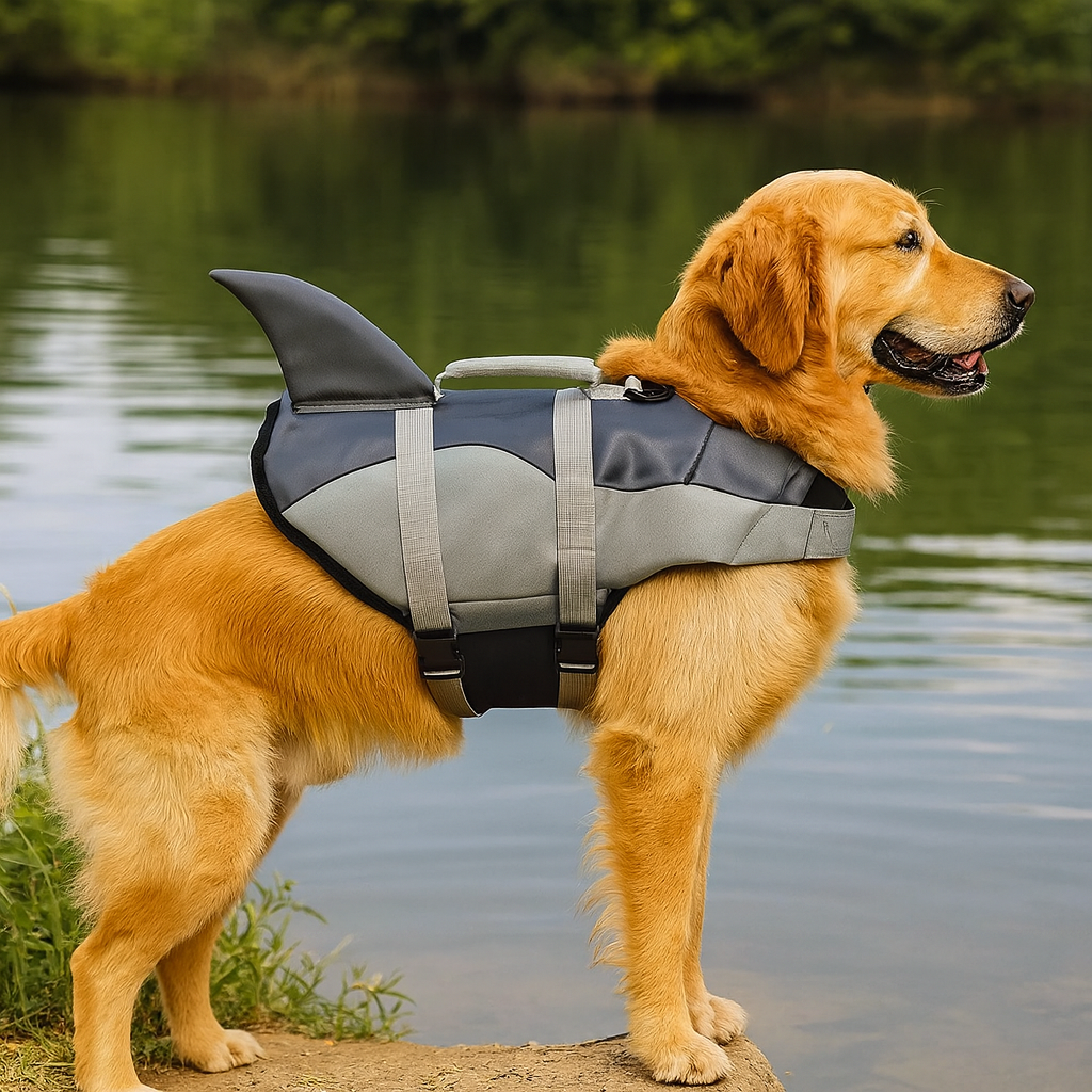 Grand chien de couleur brun portant un gilet de sauvetage pour chien de couleur gris avec une forme de requin. Le chien est debout près d'une rivière. Image produit Boutiquechien