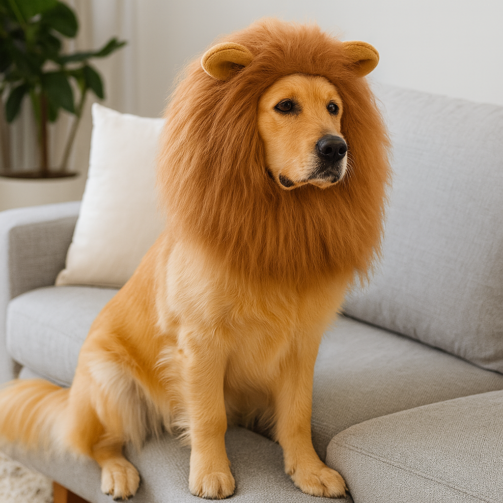 Grand chien de couleur claire assis sur un canapé de couleur gris avec en fond une plante verte. Le chien porte une crinière de lion de couleur brune. Image produit Boutiquechien