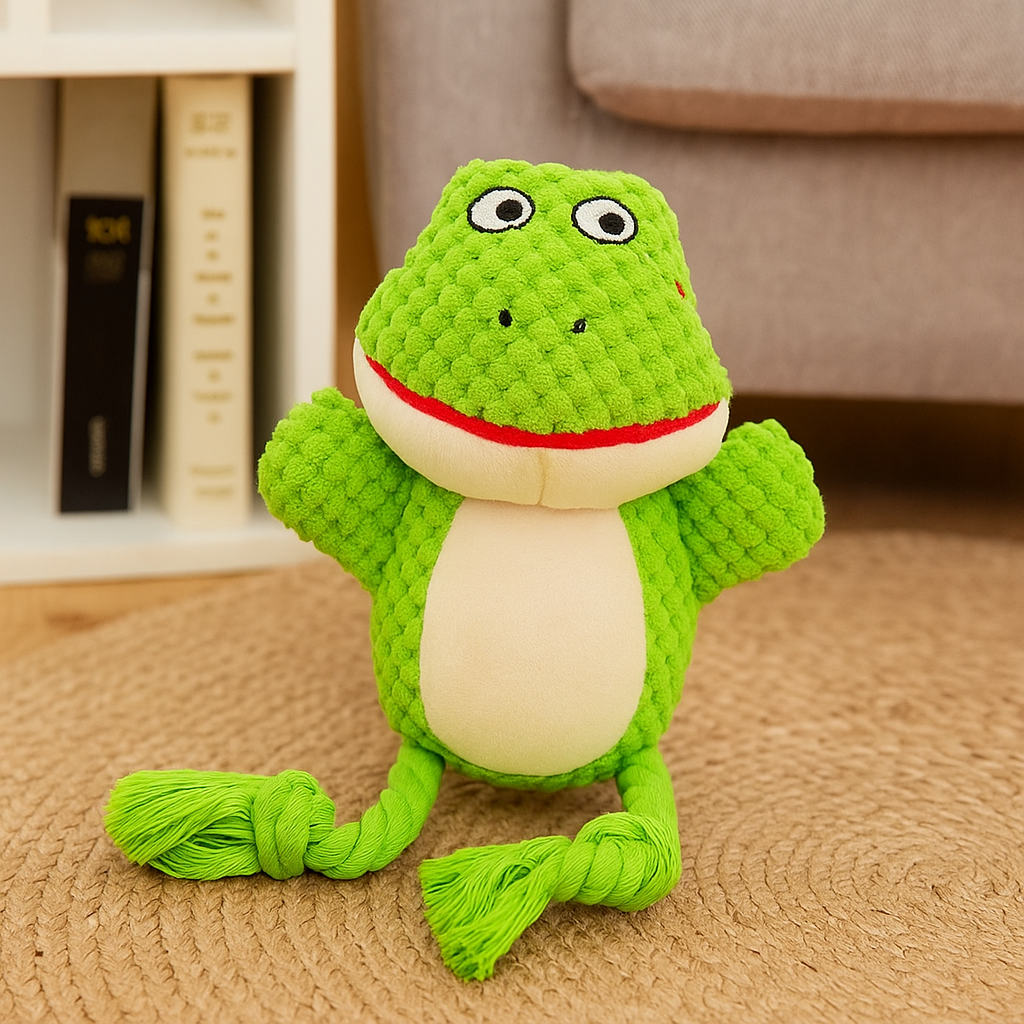 Grenouille chien de couleur verte posé dans un salon de couleur claire. Image produit Boutiquechien