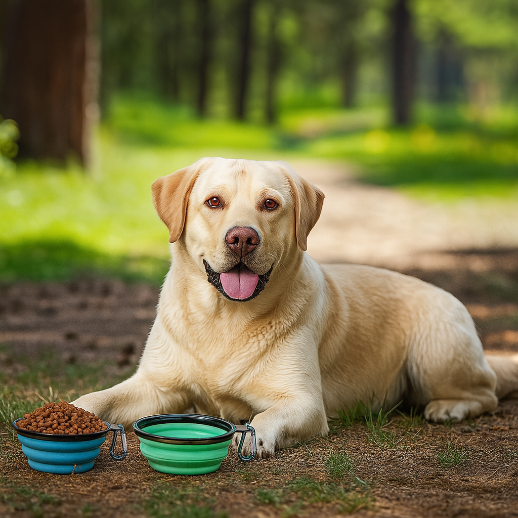Gros chien blanc dans une forêt couché avec devant lui le duo de gamelle pliante de couleur bleu et verte. Image produit Boutiquechien