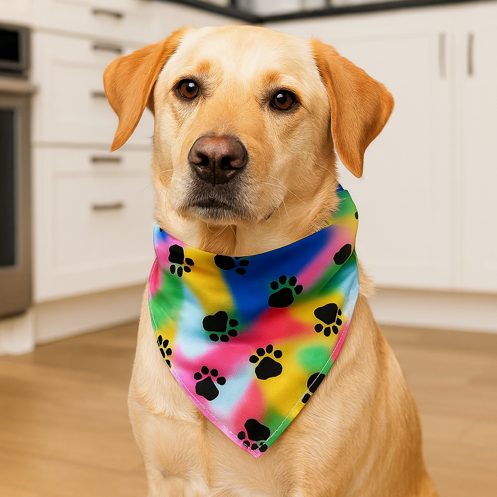 Gros chien de couleur blanc portant un foulard pour chien multicolore avec des pattes noirs. En fond il y a une cuisine blanche. Image produit Boutiquechien