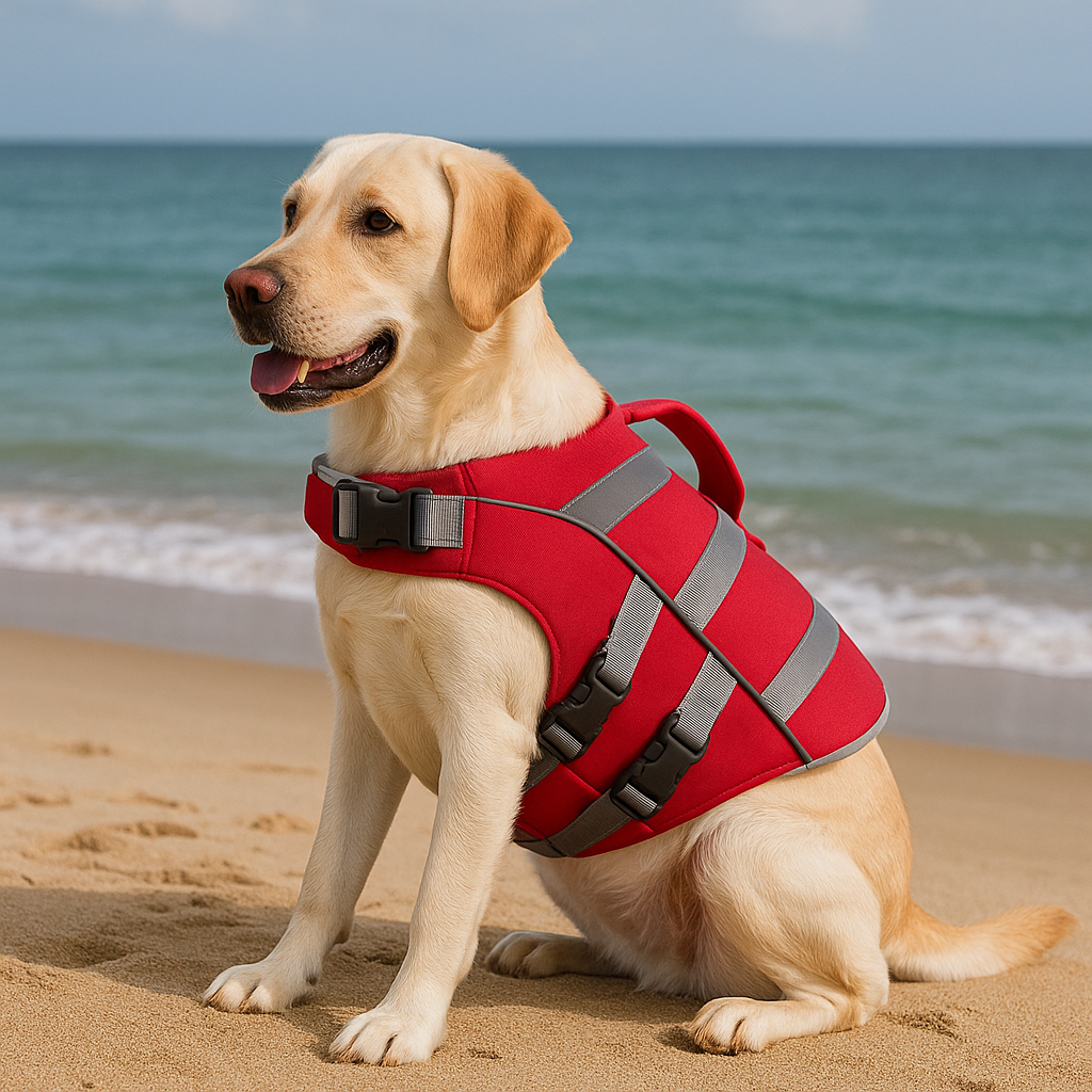 Gros chien de couleur blanc assis sur une plage de sable de couleur jaune avec en fond une mer bleu. Image produit Boutiquechien